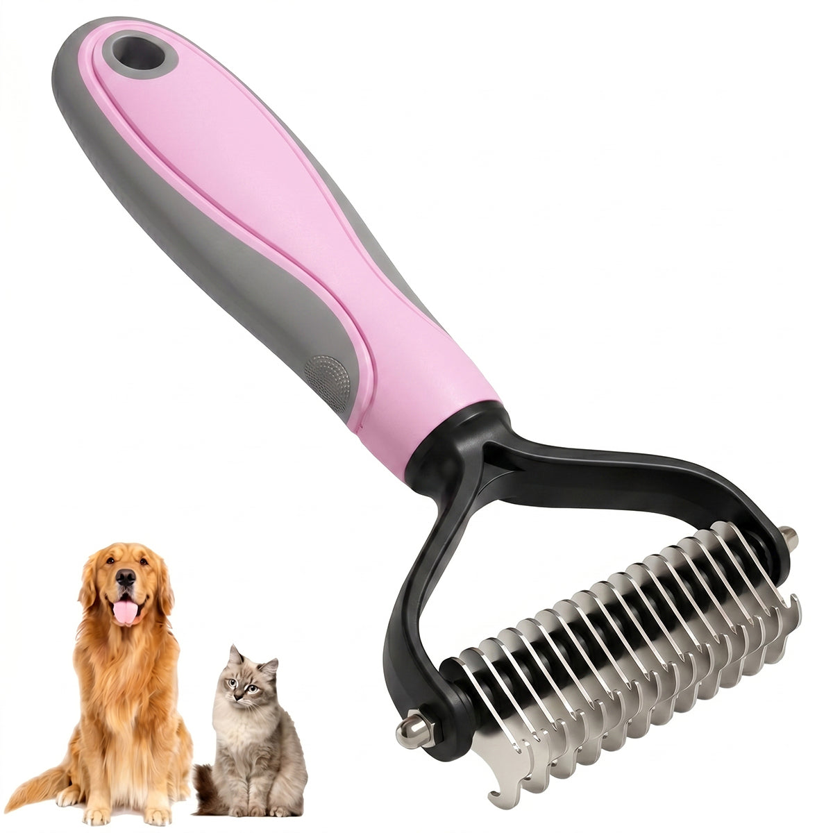 🐾Double-Sided Pet Grooming Brush – Hurtless Shedding & Dematting Undercoat Rake for Dogs and Cats